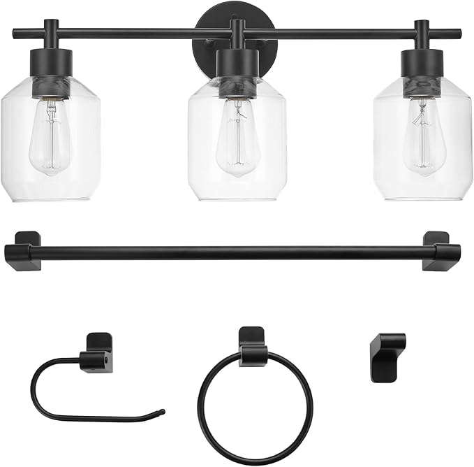 Globe Electric 65556 All-in-One 5-Piece Bathroom Set, Matte Black Finish, 3-Light Vanity with Clear Glass Shades, Towel Ring, Toilet Paper Holder, Robe Hook, and Towel Bar, Modern Bathroom Lighting
