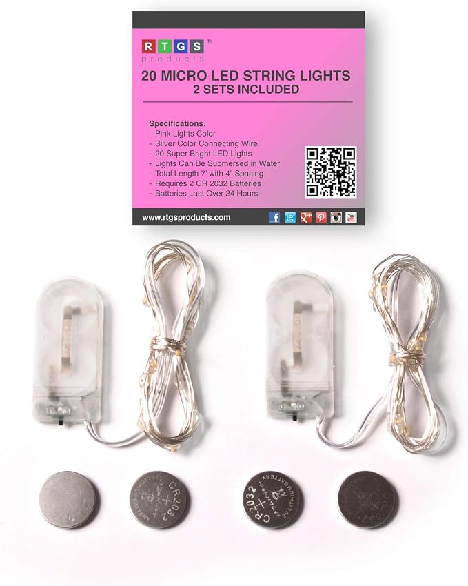 2-Pack 20 LED Wire Twinkle Fairy Lights, Battery Powered, Waterproof — Christmas, Holidays, Wedding, Party — Bedroom, Living Room — 6.5 Ft, Pink, Indoor & Outdoor