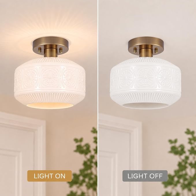 Brushed Antique Brass Semi Flush Mount Ceiling Light, Vintage Small Ceiling Light Fixture, Hallway Lighting Fixture with White Glass, Kitchen Ceiling Mount Light for Entry Way, Bedroom, Bathroom