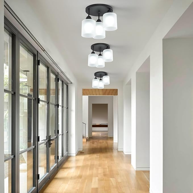 Semi Flush Mount Ceiling Light with Clear Glass Shades,3-Lights Industrial Semi Flush Mount Ceiling Light, 3-Light Industrial Black Light Fixtures Ceiling Mount for Kitchen Living Room Foyer