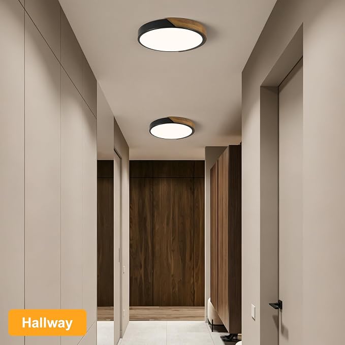 Modern LED Ceiling Light, Brown Walnut Wood Flush Mount Ceiling Light Fixture, 4000K Not Dimmable, Minimalist Circle Lighting Lamp with Acrylic Lampshade for Bedroom Laundry Room Hallway 11.8"