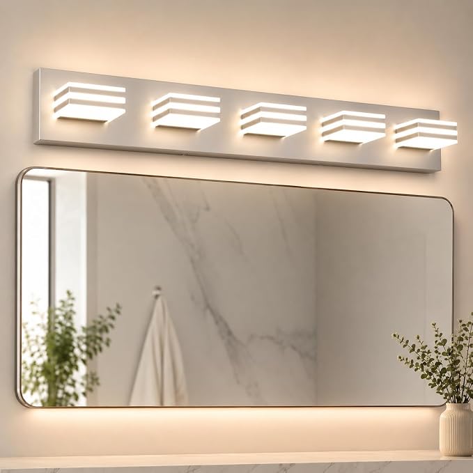 Yumecrelect 5-Light Brushed Nickel Vanity Light Fixture, 34 Inch 40W 5CCT Dimmable LED Bathroom Wall Light with Clear Acrylic Shade, Hardwired Over Mirror Lighting for Master Bath
