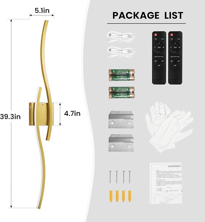 Gold Battery Operated Wall Sconces: 39.3 Inch Rechargeable Wall Sconce Set of 2 with Remote Control/3 Colors/10-100% Dimming/Timer Modern LED Wall Light for Bedroom Living Room Hallway Bathroom, 2 Pcs