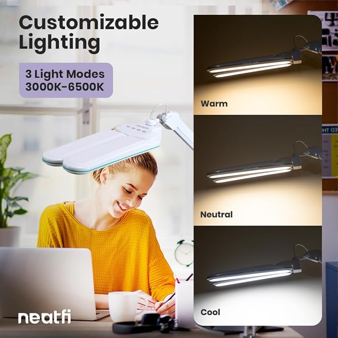 Neatfi Elite HD XL LED Desk Lamp | 3 Light Modes | Non-Polar Dimming | Eye-Caring Desk Light for Home Office, Drafting, Beauty Shop, Workbench (CCT with Clamp, Blue Ring, 17 Inches)