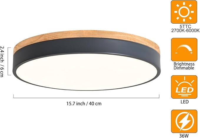 Yiisem Dimmable Wood LED Flush Mount Ceiling Light, Grey, 15.8 in | 5CCT 2700K-6000K Modern Close to Ceiling Lighting Fixtures, Round Ceiling Lamp for Living Room, Bedroom, Laundry Room