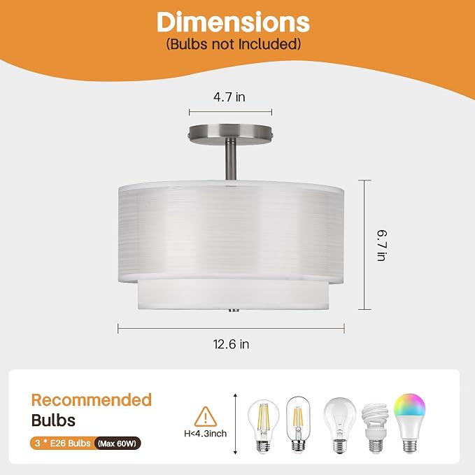 Semi Flush Mount Ceiling Light Fixture,Bedroom Ceiling Lights,12.6'' Light Fixtures Ceiling Mount,Drum Light Fixture,3-Light Modern Close to Ceiling Lamps for Living Room Dining Room Kitchen Entryway
