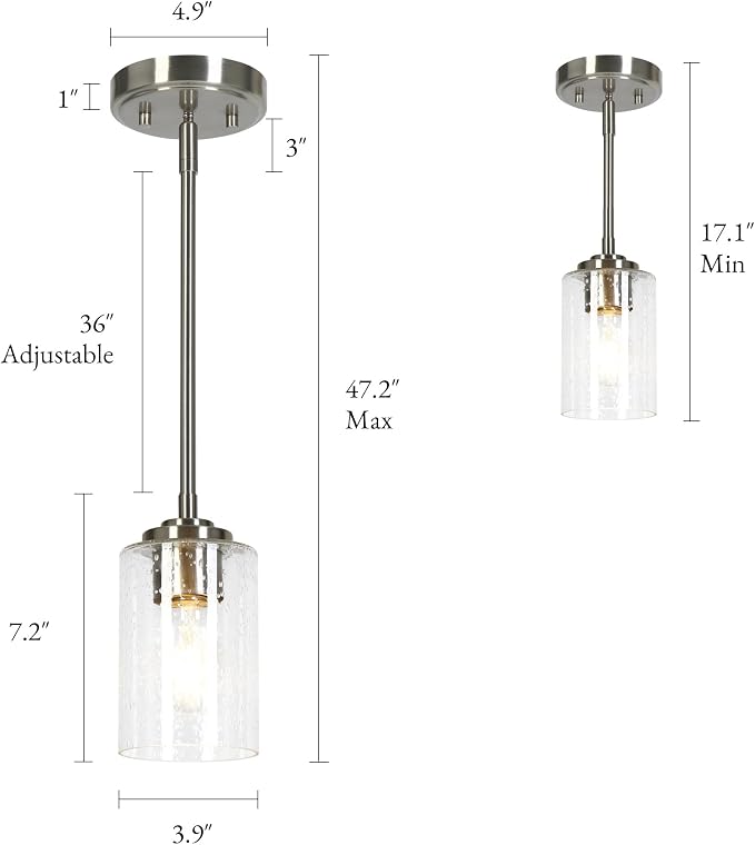 KSANA Pendant Lights Kitchen Island, 3.9'' Mini Modern Satin Nickel 1-Pack Pendant Hanging Lights Fixture with Seeded Glass Shade for Kitchen Sink, Foyer, Hallway, Bedroom Nooks and Powder Rooms