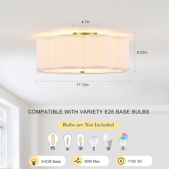 17.72" Gold Drum Ceiling Light, 3-Light Semi-Flush Mount | Linen Drum Shade, Gold Metal Frame, Modern Design for Laundry Rooms, Kitchens, Basements, and Bedrooms; E26 Base