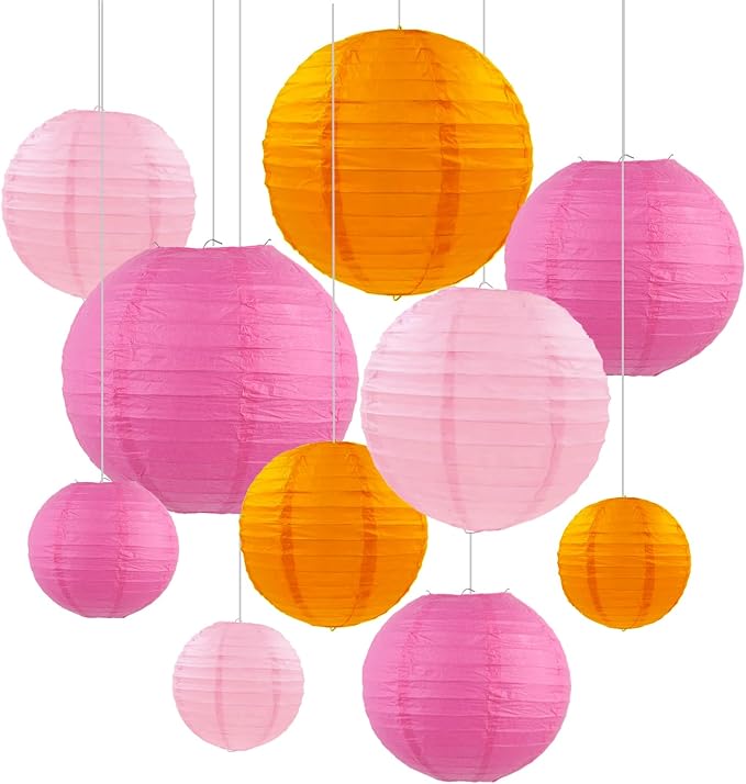 ZOOYOO 10Pcs Paper Lanterns,Pink Orange Round Hanging Tissue Paper Lanterns Decorations for Birthday,Wedding,Graduation,Baby Shower,Mother's Day,Fall Garden Home Decor