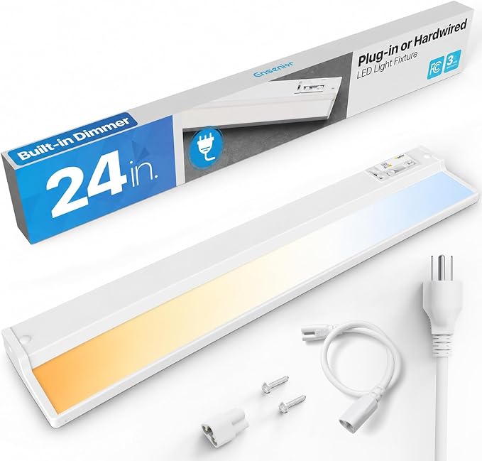 Ensenior Plug in or Hardwired Under Cabinet Lighting, 24 Inch 14W | Heat-dissipating Aluminum, Built-in Switch & 4-Level Dimmer, 5 Colors, 2 Link Options, True-Color CRI90+, Moisture-Proof, FCC