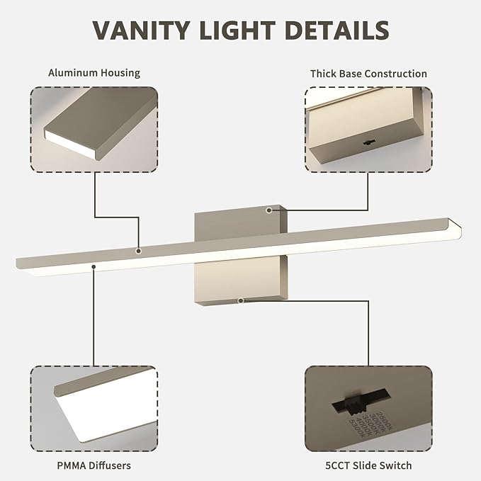 JUSHENG Brushed Nickel Vanity Lights for Bathroom Light Fixtures 5CCT Dimmable Vanity Light Bar LED Bathroom Lighting Over Mirror 24'' Inch 24W ETL Certificated