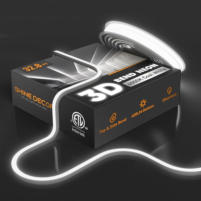 3D LED Neon Rope Light AC 120V 10x10mm, 6000K Cool White,32.8ft | Top & Side Bend, 400LM, Dotless, Driverless, IP65 Waterproof, Cold-Resistant, ETL Listed, Silicone Strip, for Home Commercial