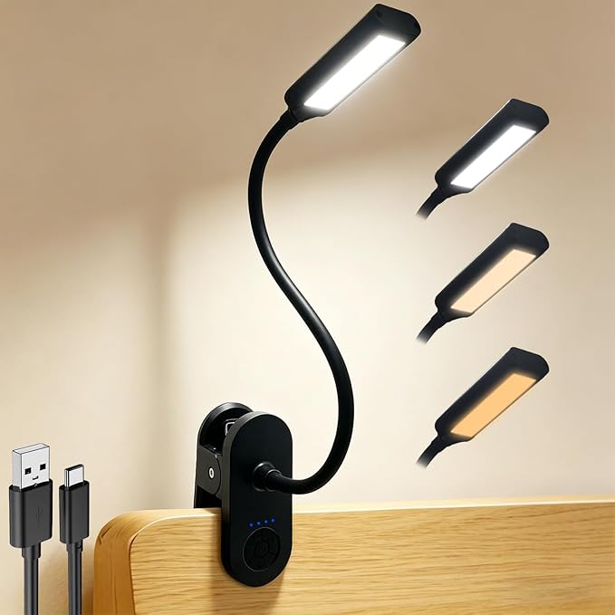 Clip on Light, Desk Lamp with Clamp for Bed, Home Office, Craft (Black) | Cordless LED Reading Light with 3500mAh Rechargeable Battery, 3 Color Modes, 10 Brightness Levels, 14-inch Adjustable Neck