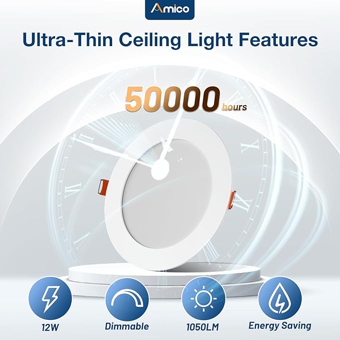 Amico 12 Pack 6 Inch 5CCT Ultra-Thin LED Recessed Ceiling Light with J-Box, 2700K/3000K/3500K/4000K/5000K Selectable, 12W=110W, Dimmable Canless Downlight, 1050LM High Brightness, ETL&FCC
