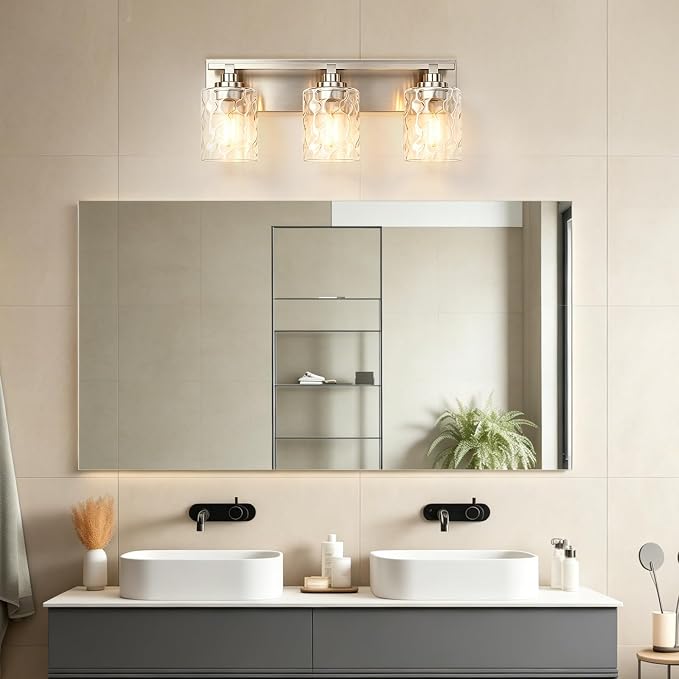 Modern Bathroom Lighting Fixtures Over Mirror, Vanity Lights for Bathroom, Wall Sconces with Clear Glass Shades, E26 Ceramic Socket, 3-Light 19.7-inch Brushed Nickel