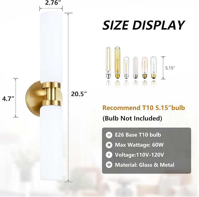 Lanhall 2 Light Brushed Brass Gold Bathroom Light Fixture Over Mirror, Modern Farmhouse Bathroom Vanity Lights with Milky White Frosted Glass Shade, Wall Sconce for Hallway Cabinet Bedroom Porch