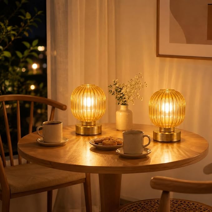 Elenhome Amber Touch Glass Table Lamp Set of 2, 3-Way Dimmable Bedside Lamps, Vintage Mid-Century Modern Nightstand Lamps for Bedroom and Living Room, Ambient Mood Lighting, LED Bulb Included
