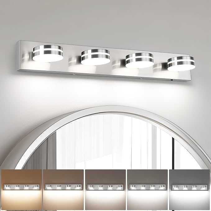 LED Modern Bathroom Lights Fixtures 4 Light 30in Brushed Nickel | Vanity Lights for Bathroom Over Mirror with Metal Acrylic, 5CCT Lighting Modes Dimmable 360°Rotate, for Dressing Room Cabinet