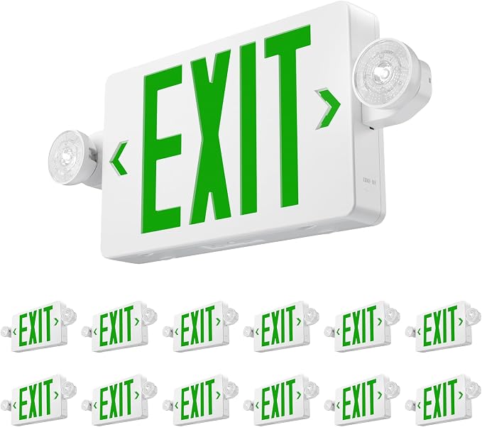 Amico 12 Pack Green Exit Sign with Multi-Angle LED Emergency Lights | ETL Listed, Wall & Ceiling Dual Mount, Hard Wired 120/277V AC, 90 Min Backup, 94V-0 Fire Resistant Plastic Housing