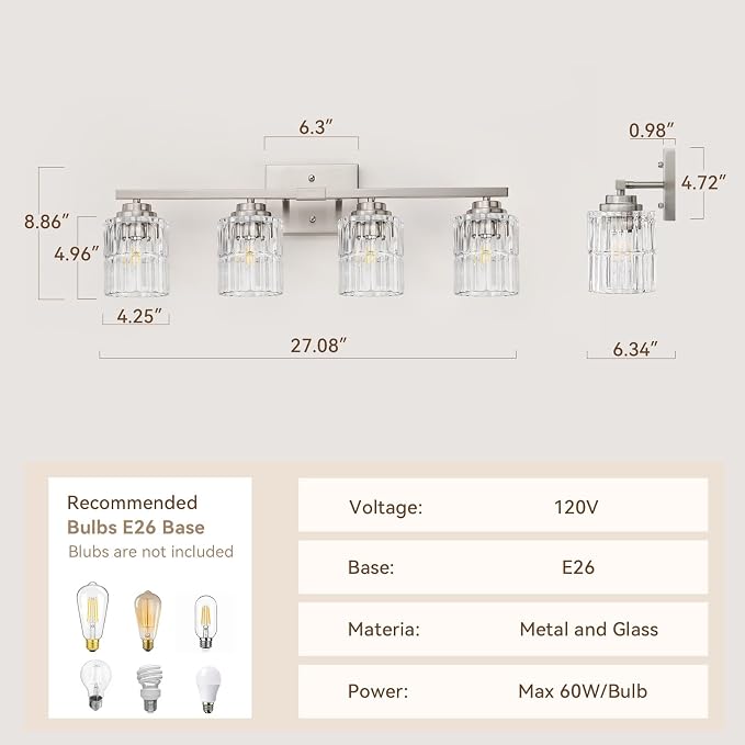 TALOYA Nickel 4Light Bathroom Vanity Light with Fluted Cylinder Glass Shade | Modern Vanity Lighting Fixtures, Bathroom Lights Over Mirror, Wall Mount Mirror Light Fixtures for Bathroom Hallway Bedroom