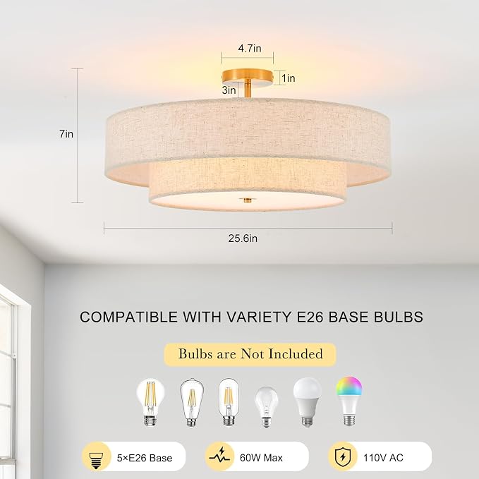 25.6" Large Gold Semi Flush Mount Ceiling Light，5-Light Linen Shade | Modern Fabric Drum Ceiling Light Fixture，E26 Base for Living Room ,Bedroom ,Kitchen ,Dining Room ,Hallway,closet,laundry room