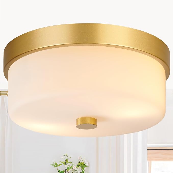 szzgco Flush Mount Ceiling Light Fixtures, 2-Light Gold Ceiling Mount with Milky White Glass Lampshade, Industrial Flush Mount Light Fixture Farmhouse for Hallway, Kitchen, Entryway and Foyer