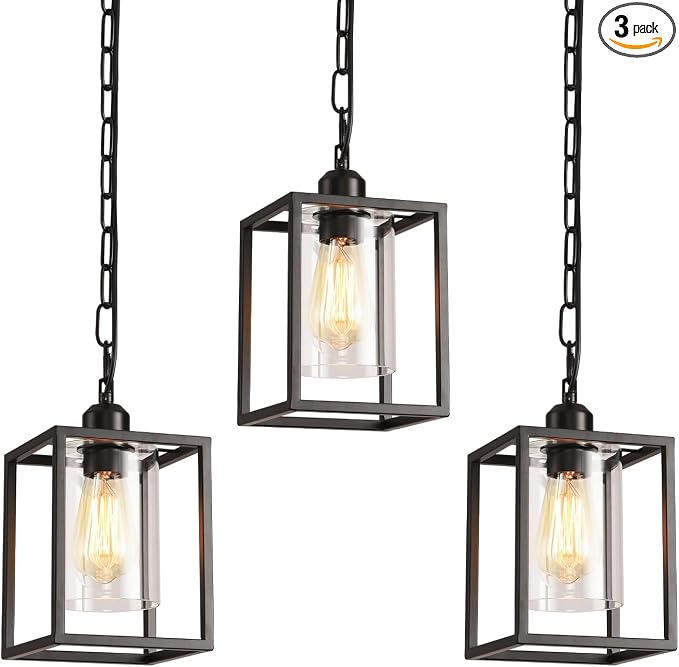 3 Pack Farmhouse Pendant Light,Black Metal Frame Hanging Light Fixture with Clear Glass Shade, Adjustable Chains Industrial Mini Pendant Lighting for Kitchen Island Entryway Porch Foyer