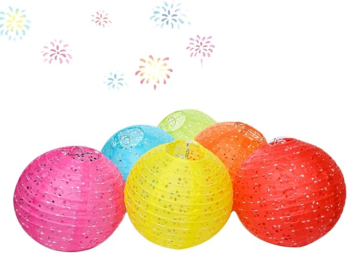 12Pcs Paper Lanterns Chinese Lunar New Year Decorations 2026 Chinese Japanese Decorative Hanging Paper Lanterns 8inch Round Hollow Colorful Lantern Lamps for Spring Festival Asian Home Party Decor