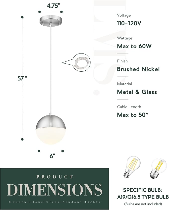 Mid Century Pendant Lights, Brushed Nickel Kitchen Island Light Fixtures with White Globe Glass Shade, Adjustable Hanging Cord, 2-Pack for Home Office Dining Room Bathroom, LMS-186PL-BNWS2PK