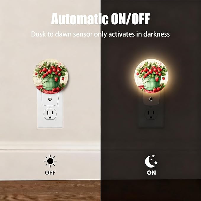 Plug-in Vintage Strawberry Still Life Night Light Basket of Fresh Strawberries Night Lights Plug into Wall with Auto on/Off Sensor, 0.5W LED Nightlight for Bedroom Bathroom
