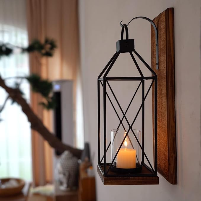 Homemory Wall Candle Sconces Set of 2, Rustic Wood Holders with Glass Decor | Dark Brown Wood and Glass Design Adds Rustic Farmhouse Style for Living Rooms, Bedrooms, Fireplaces and Wall Decor