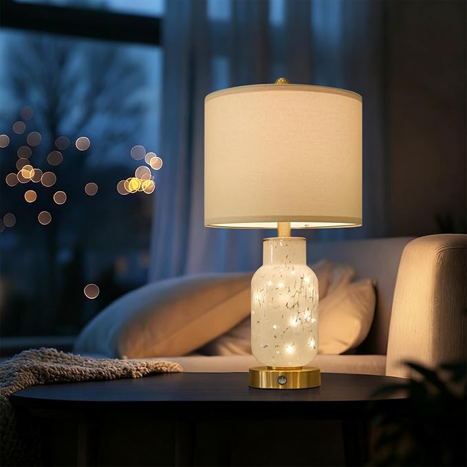 22" Glass Table Lamps Set of 2, White Modern Bedside Lamp with LED Night Light for Living Room, Nightstand Lamp with USB Ports for Bedrooms, Study Room, End Table(2 Bulbs Included)