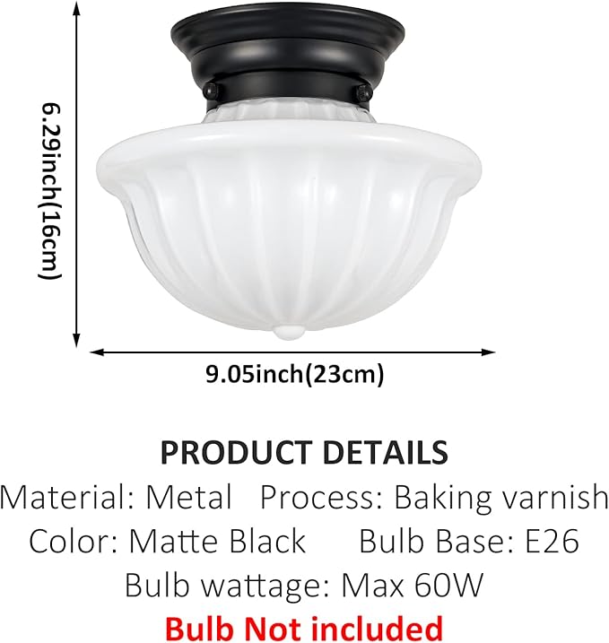 Black Schoolhouse Light Fixture Ceiling, 9 Inch Hallway Semi Flush Mount Ceiling Lighting, White Milk Glass Ceiling Lights Mid Century for Bedroom, Kitchen, Entryway