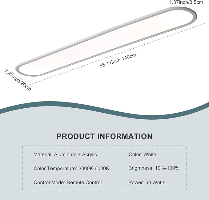 55-Inch Dimmable LED Linear Ceiling Light, 60W Low Profile | Ultra-Thin 1.38-Inch White Fixture with Remote, 3000K-6000K, 10%-100% Brightness for Kitchen, Hallway, Closet and Laundry