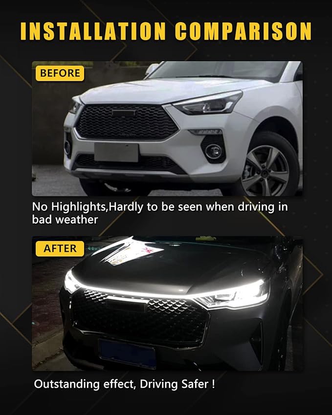 YM E-Bright Led Hood Light Strip Flexible Waterproof Dynamic Scan Start Up Hoodbeam Kit DRL Daytime Running Lights Exterior Led Lights for Cars,Truck,SUV,12V White 240CM/94inch,1 Set