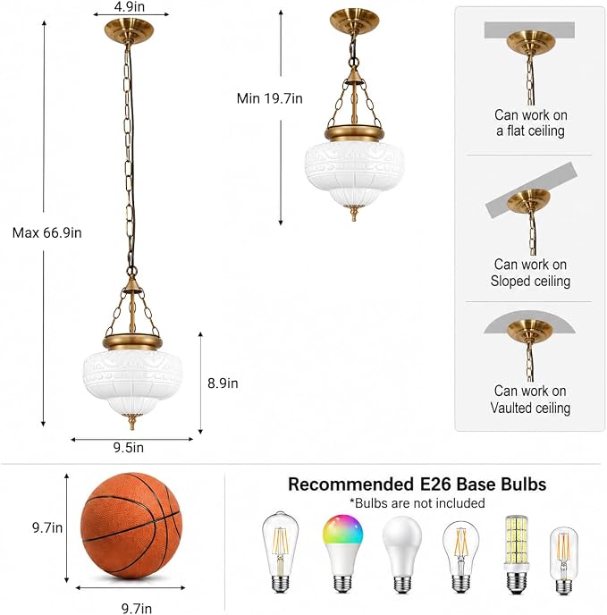 Vintage Brushed Antique Brass Pendant Light for Kitchen Island, Handblown Textured Milky Glass Hanging Light Fixture, Adjustable Height E26 Pendant Lighting for Dining Room, Entryway, Hallway