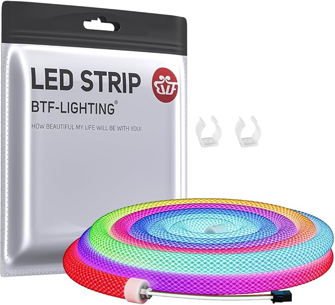 BTF-LIGHTING 3.2FT WS2811 WS2812B IC RGB DC5V 360 Degree Round Reticulate Pattern Chasing Color Neon LED Strip Flexible Nylon Silicone IP67 Waterproof Dream Color Rope Light(No Adapter or Controller)