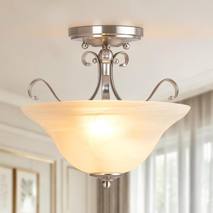 Luvkczc 12" Semi Flush Mount Ceiling Light, Brushed Nickel Ceiling Light Fixture, Mid Century Ceiling Light, Modern Glass Close to Ceiling Light for Bedroom Kitchen Porch Hallway, Bulbs Not Included