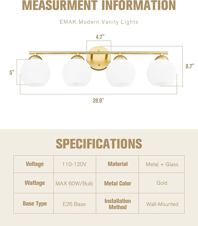 Emak Modern Gold Bathroom Light Fixtures Over Mirror, 4 Light Bathroom Vanity Light with Milk Glass Shade, 29 Inch Globe Vanity Lights for Bathroom, Mirror, VL114-GD-ML-4