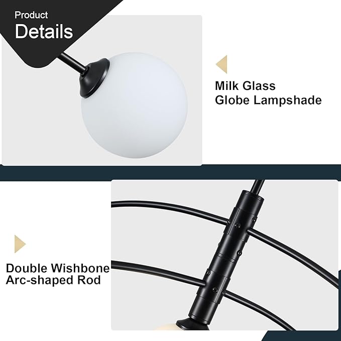 Modern Chandelier 5 Light Black Glass Globe Chandelier Mid Century Sputnik Ceiling Light Fixtures for Dining Room Kitchen Island Bedroom Living Room 41.3IN Diameter