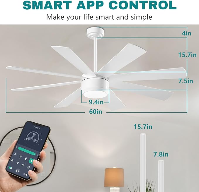 App Commercial Industrial Ceiling Fan with Lights and Remote Control, 8 Blade Reversible Stepless Brightness and Color Temperature (White, 60 Inch)