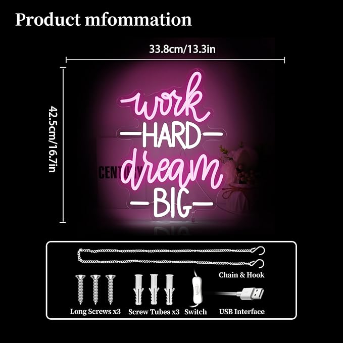 Work Hard Dream Big Neon Sign Led Neon Lights Neon Signs for Wall Decor Light Up Sign for Birthday Party Club Gift