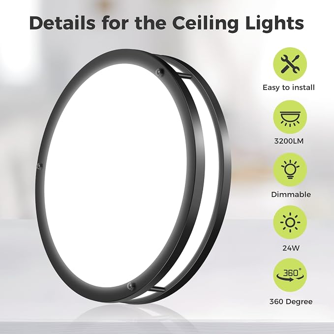 hepside 2 Pack Flush Mount Ceiling Light Fixture, Dimmable & 5Color Temperatures Ceiling Light Black, 16inch 36W 3000K 3500K 4000K 5000K 6500K Adjustable Ceiling Lamps for Bathroom Bedroom Hallway
