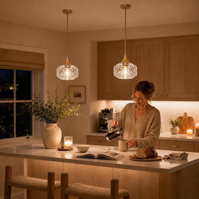 DSMJFU Gold Kitchen Island Pendant Lights with Hammered Glass for Island | 2-in-1 pendant & ceiling light; height adjustable; 90° rotation; adaptable different ceiling types;above kitchen sink light