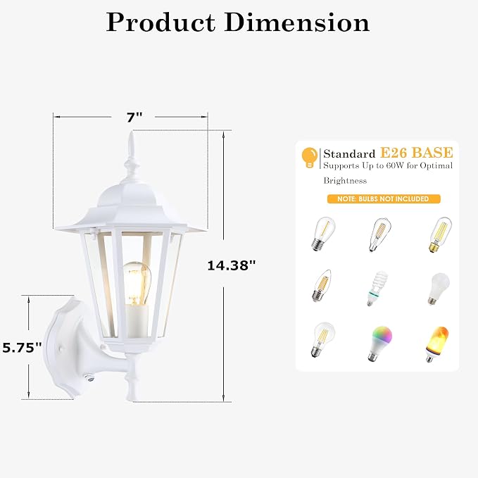 GRUENLICH Outdoor Wall Light Fixture, Rustproof Aluminum, Glass | Dusk to Dawn Exterior Porch Light Wall Sconce Lantern for House, Patio, Garage, Waterproof, E26 Socket 60W Max, White, 2 Pack