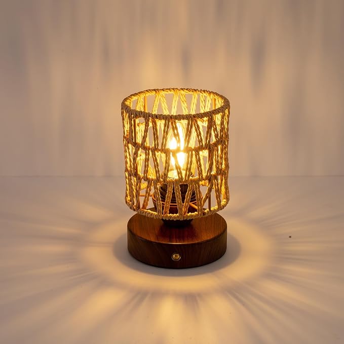 Cordless Operated Rattan Lamp, 5000mAh Rechargeable Dimmable Handwoven Open Weave Drum Table Lamp with Edison Bulb, Boho Nightstand Light for Bedroom Home Decor