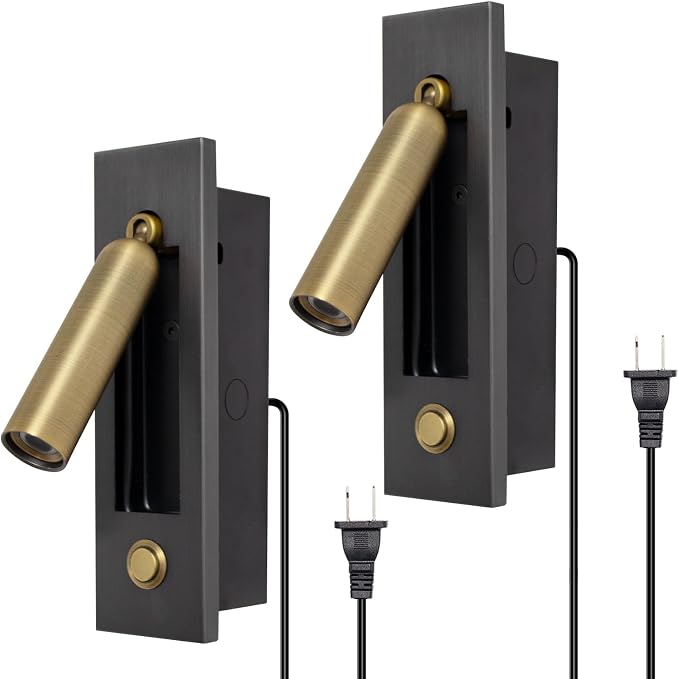 Set of 2 Led Headboard Wall Light, 350°Rotation Portable Plug in Wall Sconce Hardwired, Bedside Reading Light Recessed Push Switch, Hotel Bed Side Decor Wall Sconces Spotlight (Brushed Brass)