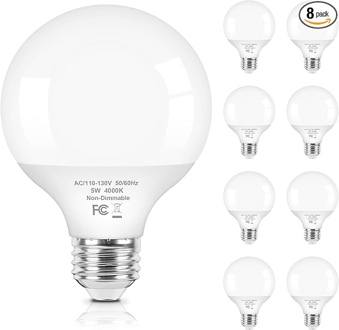 Brightever G25 Globe Light Bulbs 60 Watt, 4000K Natural Daylight LED Vanity Light Bulbs, E26 Base Bathroom Light Bulbs Over Mirror, 5W Round Light Bulb, CRI85+, 600LM, 8-Pack, Non-Dimmable