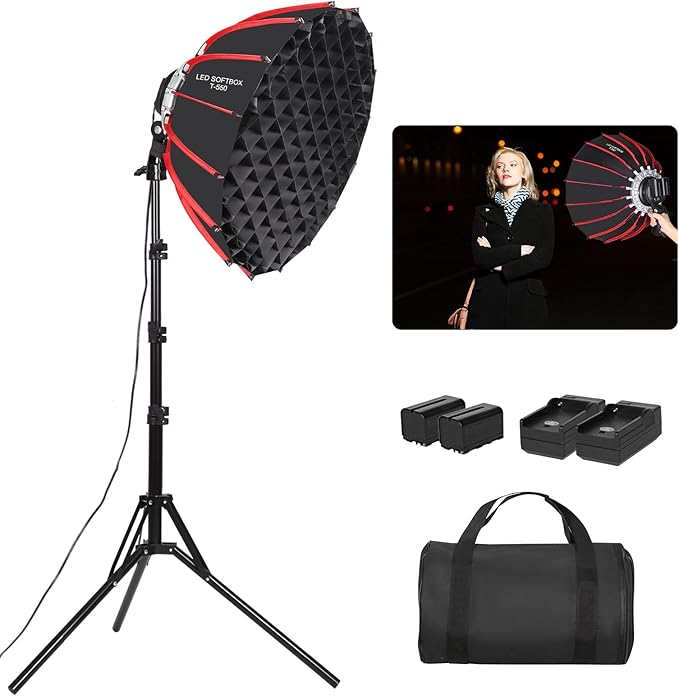 21in/55cm 60W Handheld LED Softbox Light with Rechargeable Battery/Grid/Light Stand, Dimmable Color Temperature for Studio Outdoor Portrait Products Photography Live Streaming Video Recording
