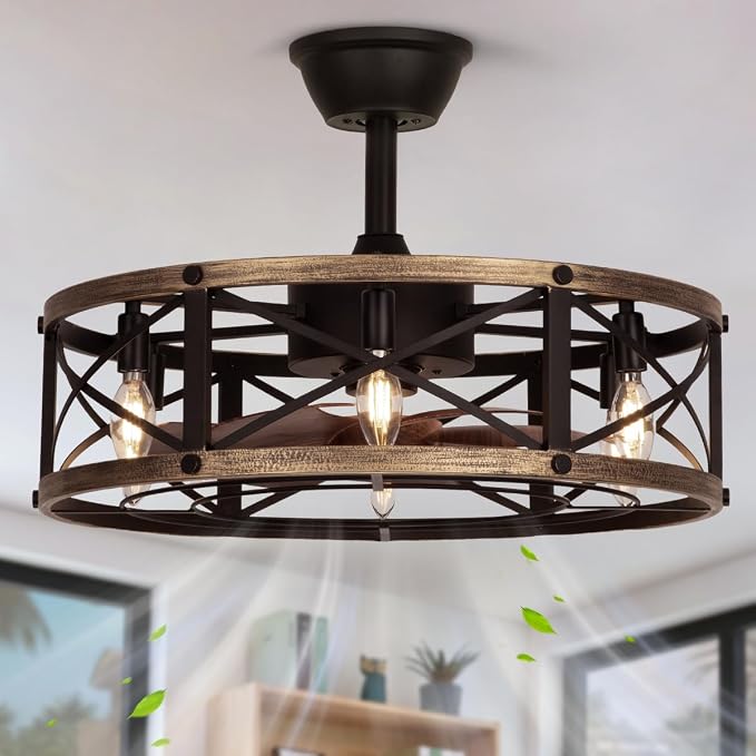 SHLUCE 22 Inch Farmhouse Fandelier Ceiling Fan with Light, ETL Listed | Remote Controlled, Rustic Caged Design, Quiet Operation, Energy Efficient, Indoor Ceiling Fan for Kitchen & Living Room Use